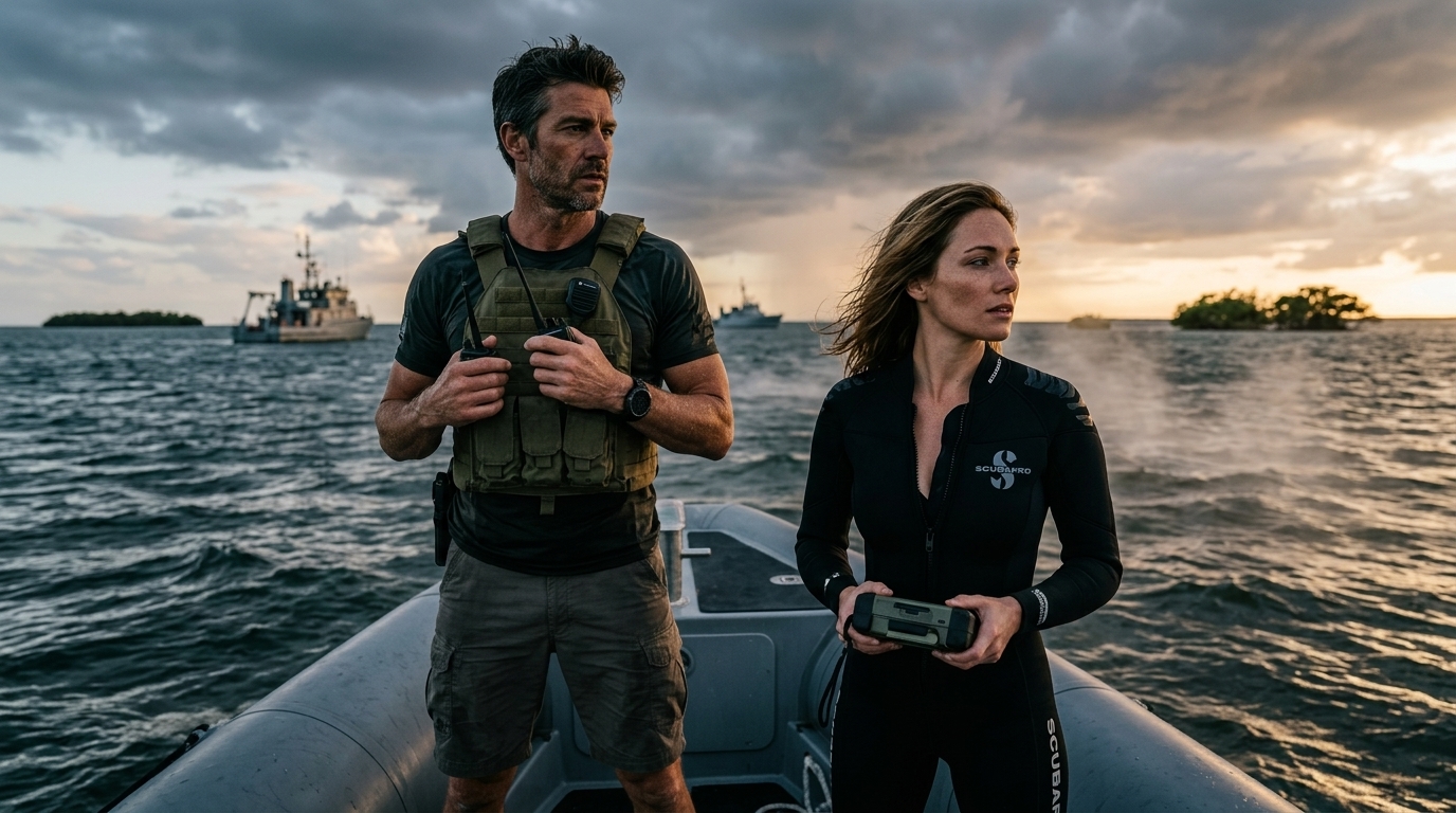 Molasses Reef, Cayos de Florida: El comandante Travis Hayes y la bióloga Morgan Drake a bordo de la lancha táctica Trident.